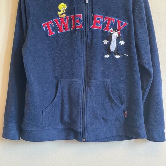Vintage Looney Tunes L fleece hoodie TWEETY bird Sylvester cat fandom navy blue - Picture 3 of 7